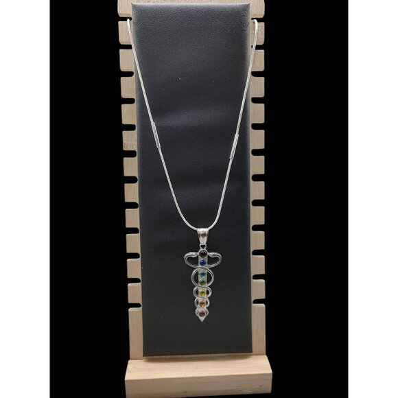 Chakra Healing Caduceus Pendant Necklace Faux Gemstones 35" Chain Silver Tone - Picture 13 of 16